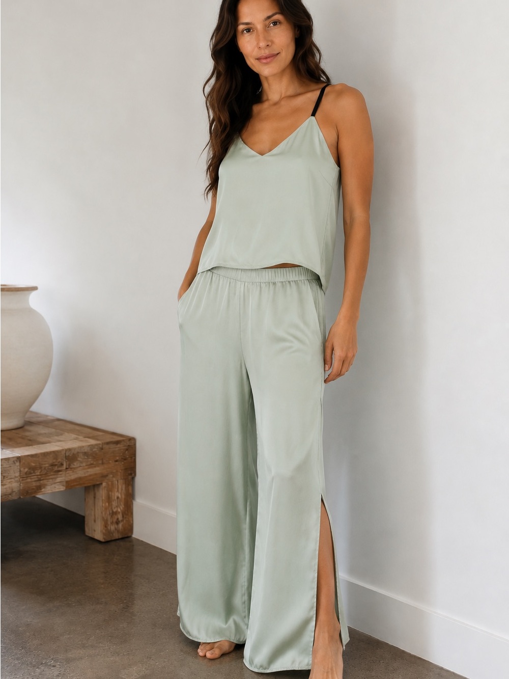Lunya 100% Washable Silk Seafoam Green Pajama Set Top + Pants Sz Medium
